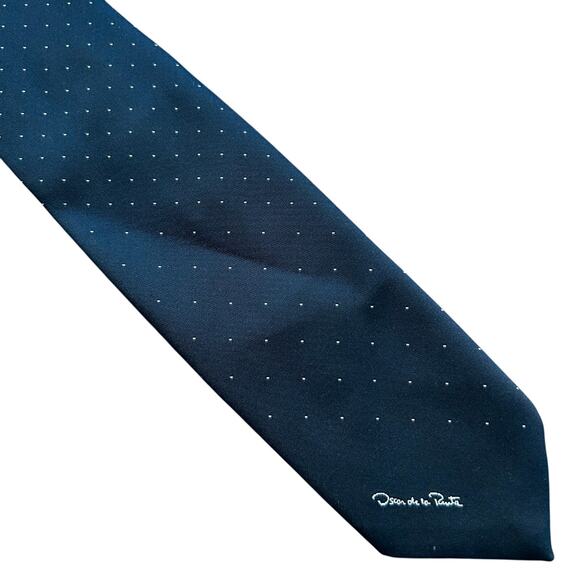 Oscar de la Renta Vintage‎ Tie VTG Navy Blue Narrow Skinny Retro 54" (box 1) - Picture 1 of 11